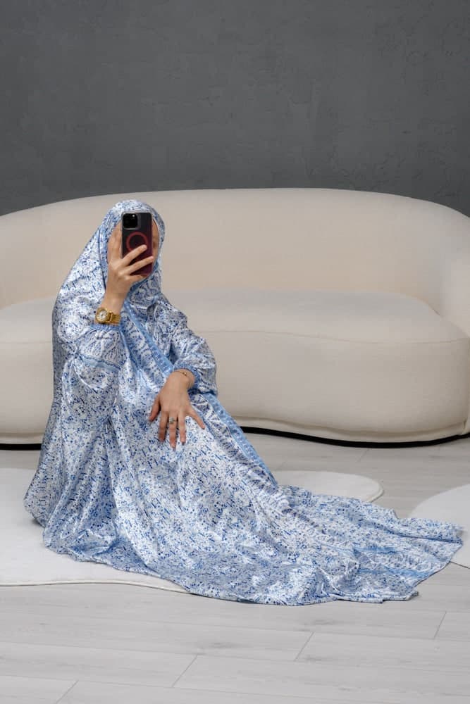 Home Prayer Gown Dress in Gzhel Print with Elasticated Cuffs and Pouch in blue, view 8