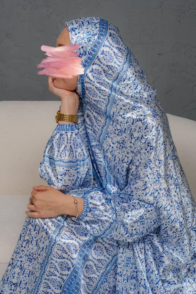 Home Prayer Gown Dress in Gzhel Print with Elasticated Cuffs and Pouch in blue, view 6