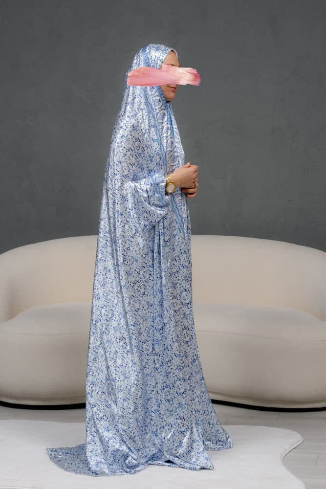 Home Prayer Gown Dress in Gzhel Print with Elasticated Cuffs and Pouch in blue, view 9