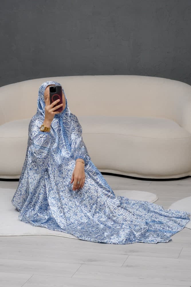 Home Prayer Gown Dress in Gzhel Print with Elasticated Cuffs and Pouch in blue, view 7