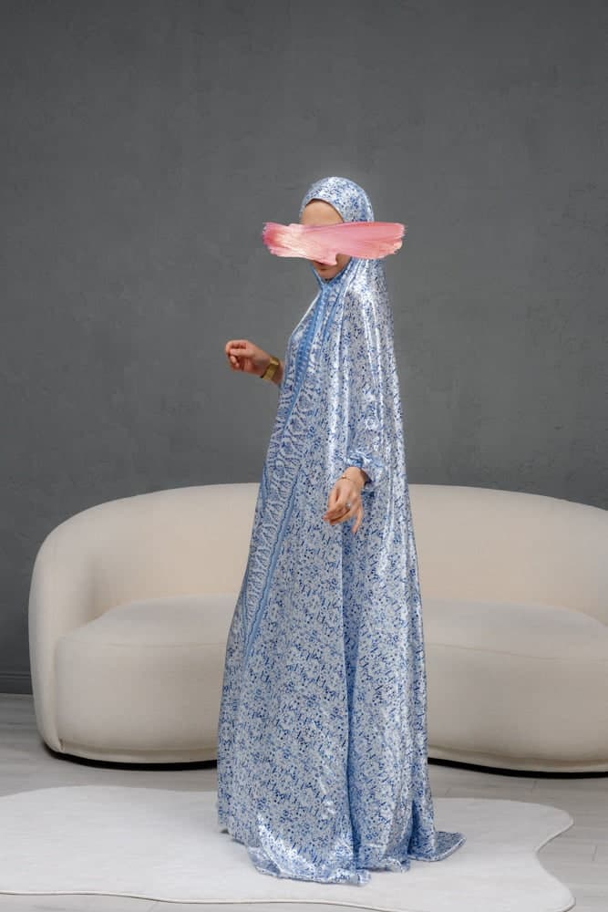 Home Prayer Gown Dress in Gzhel Print with Elasticated Cuffs and Pouch in blue, view 10