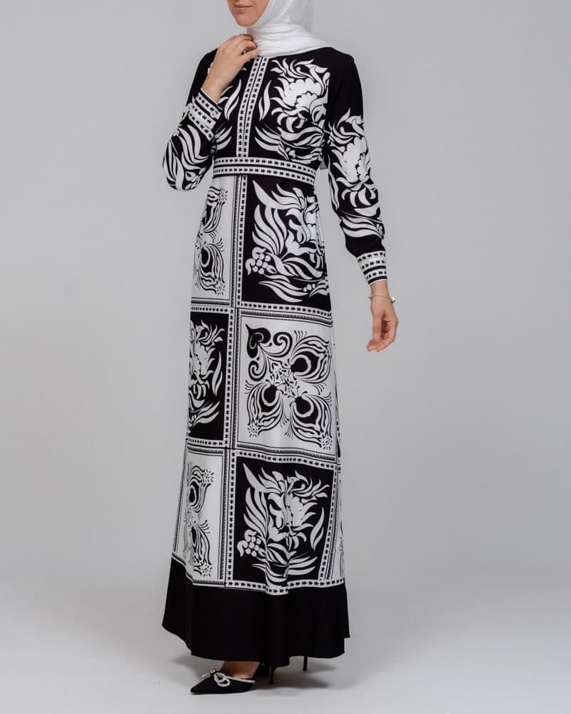 Zubeyde Monochrome Scarf Print Black and White Maxi Dress with Detachable Belt, view 5