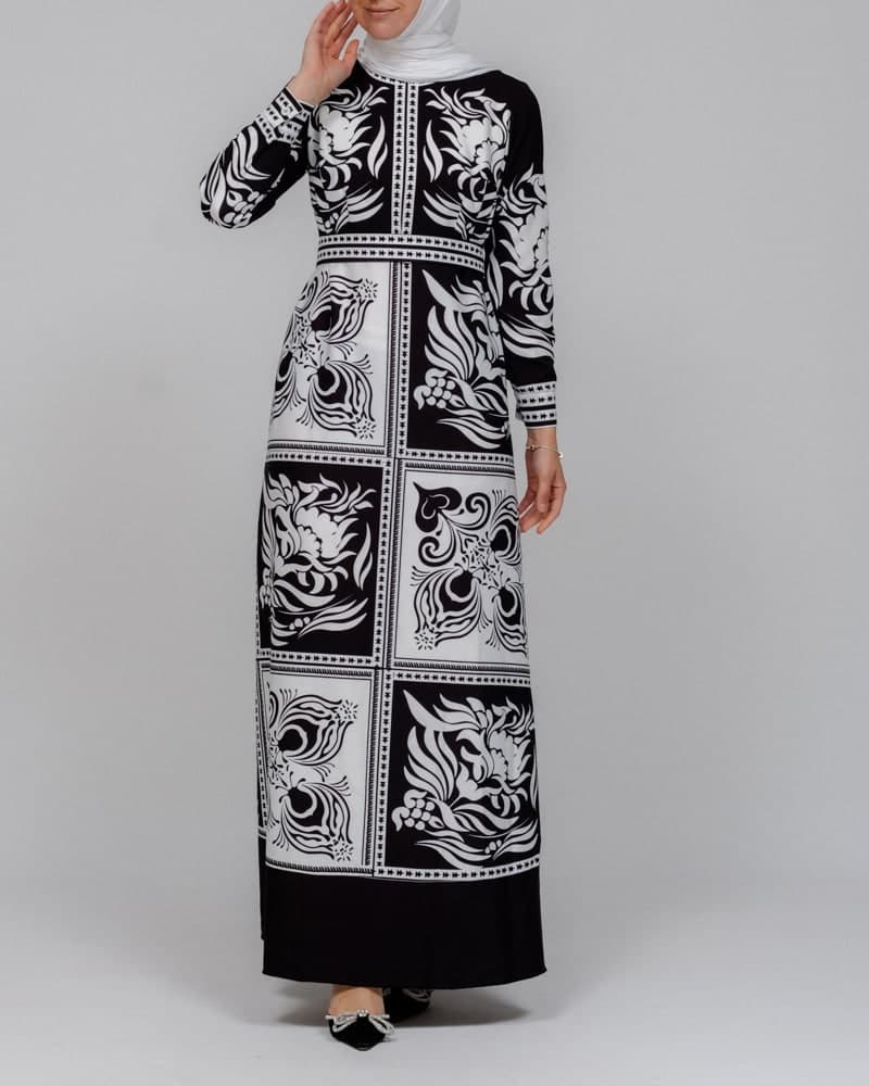 Zubeyde Monochrome Scarf Print Black and White Maxi Dress with Detachable Belt, view 3