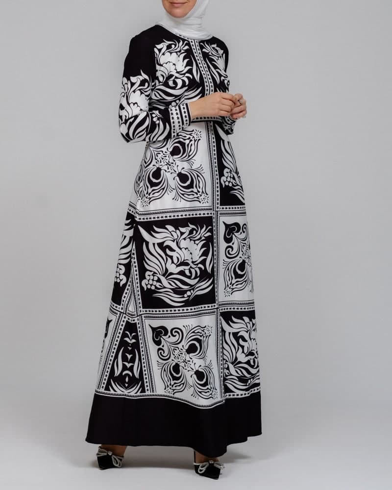 Zubeyde Monochrome Scarf Print Black and White Maxi Dress with Detachable Belt, view 6