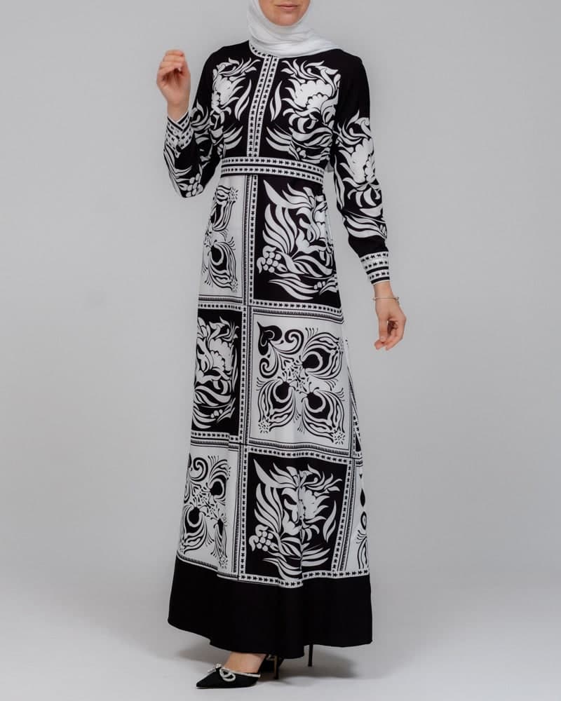 Zubeyde Monochrome Scarf Print Black and White Maxi Dress with Detachable Belt, view 4