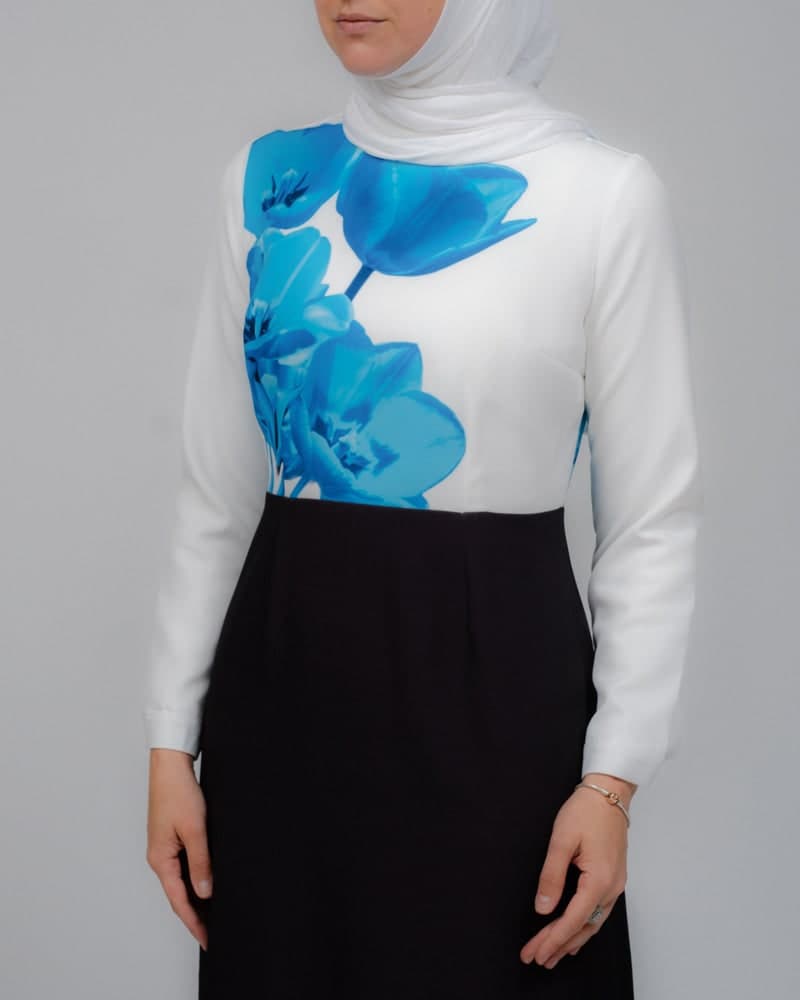 Aya Maxi Contrast 3D Floral Print Modest Dress with Long Sleeve Contrast White Top, view 6