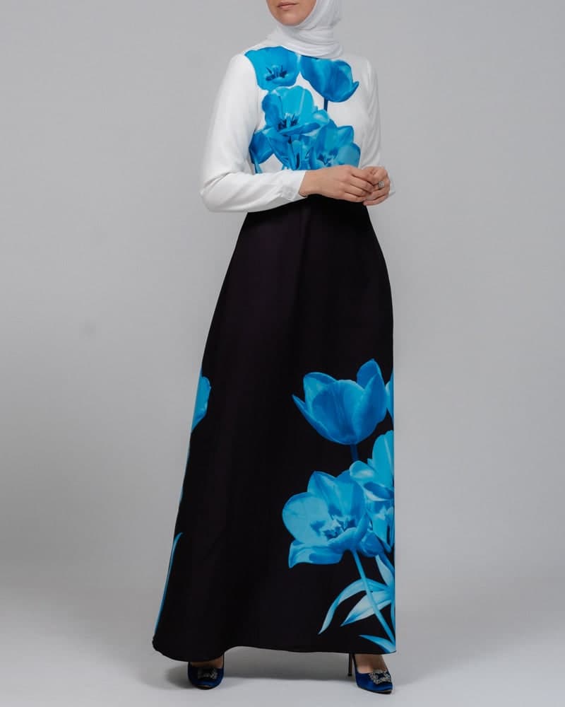 Aya Maxi Contrast 3D Floral Print Modest Dress with Long Sleeve Contrast White Top, view 5
