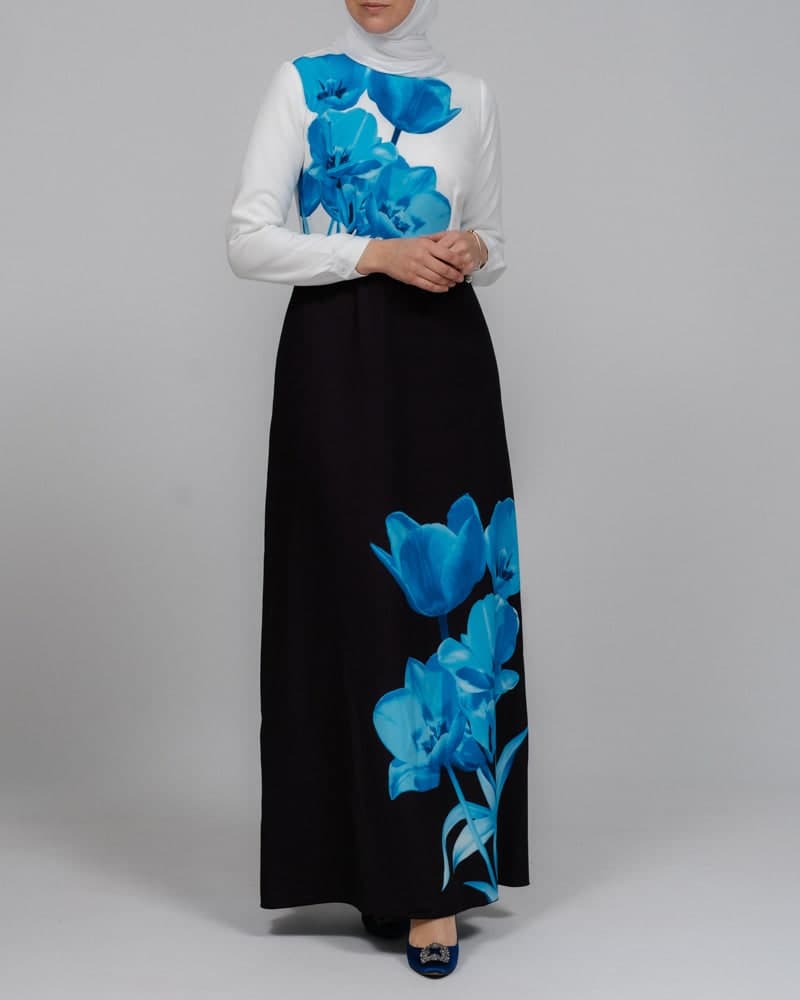 Aya Maxi Contrast 3D Floral Print Modest Dress with Long Sleeve Contrast White Top, view 11