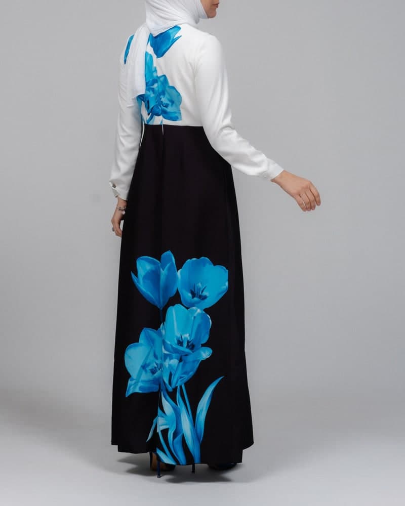 Aya Maxi Contrast 3D Floral Print Modest Dress with Long Sleeve Contrast White Top, view 3