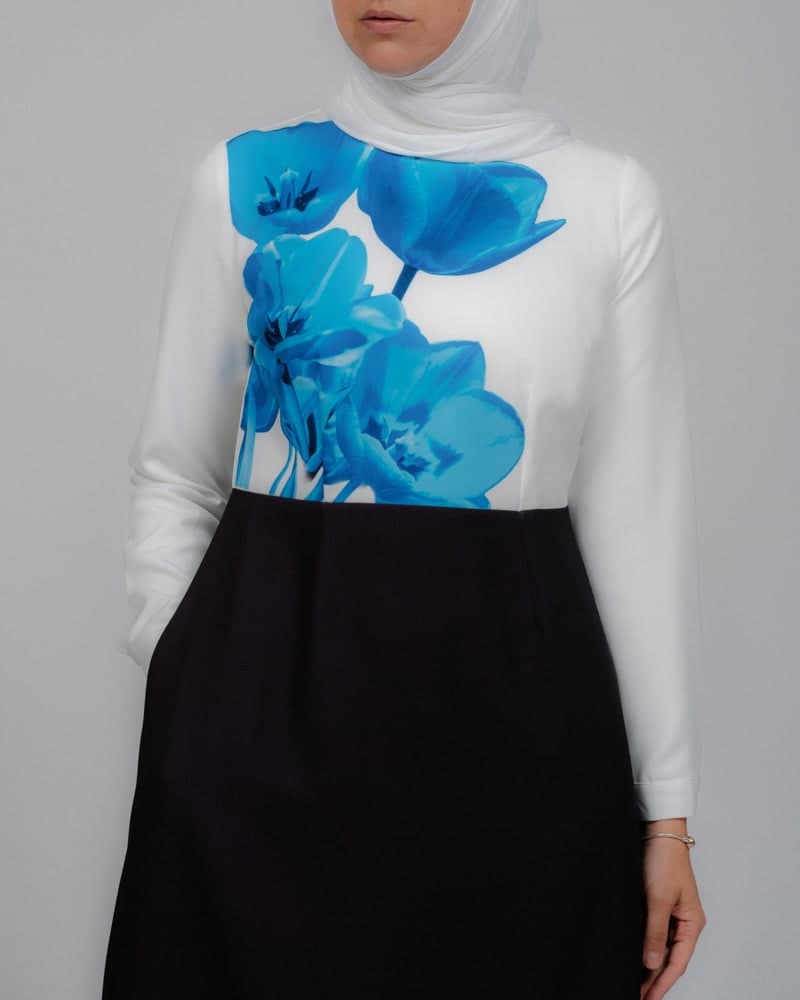 Aya Maxi Contrast 3D Floral Print Modest Dress with Long Sleeve Contrast White Top, view 9