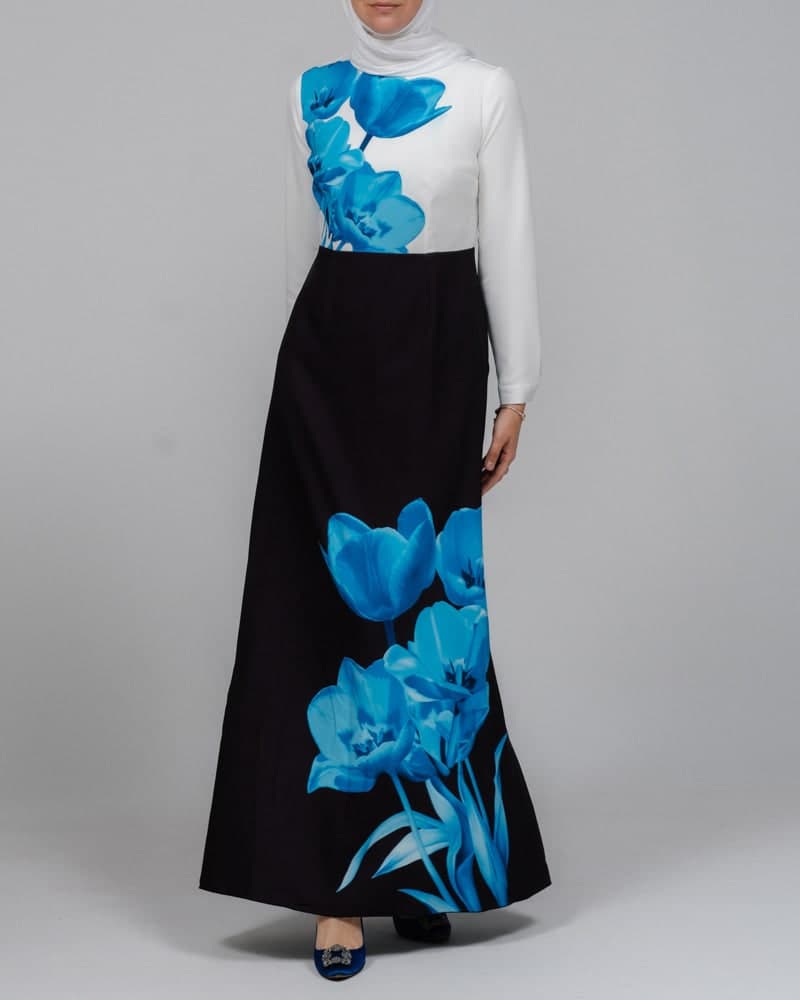 Aya Maxi Contrast 3D Floral Print Modest Dress with Long Sleeve Contrast White Top, view 4