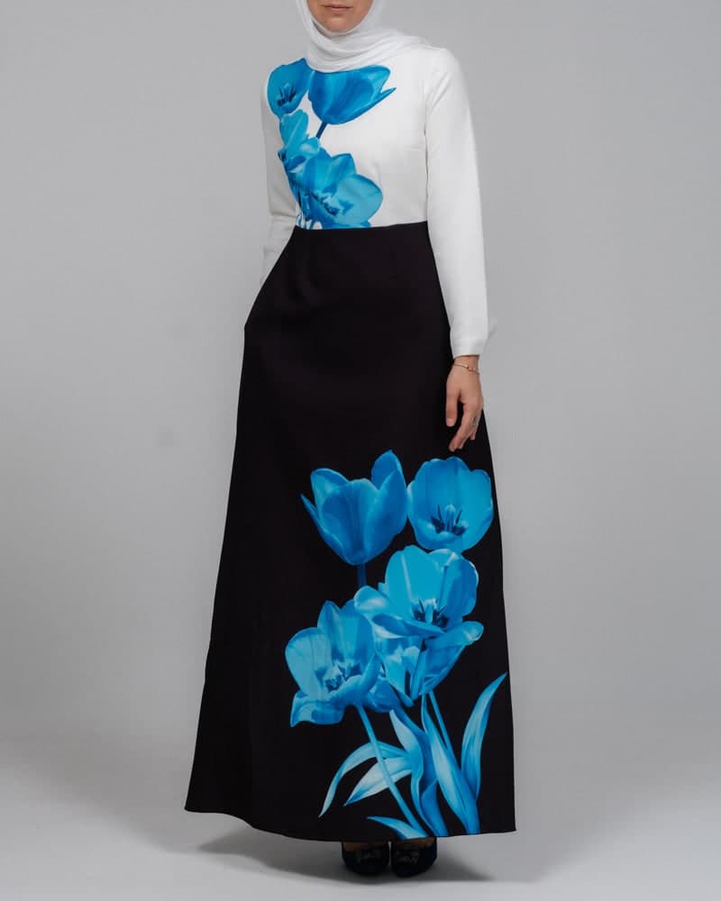 Aya Maxi Contrast 3D Floral Print Modest Dress with Long Sleeve Contrast White Top, view 10