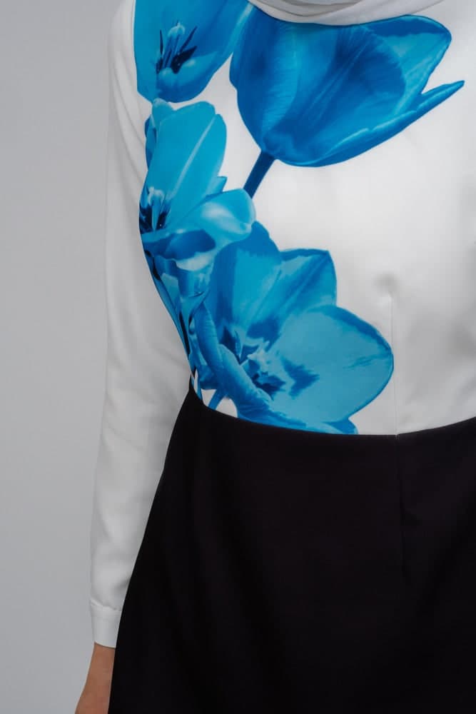 Aya Maxi Contrast 3D Floral Print Modest Dress with Long Sleeve Contrast White Top, view 8