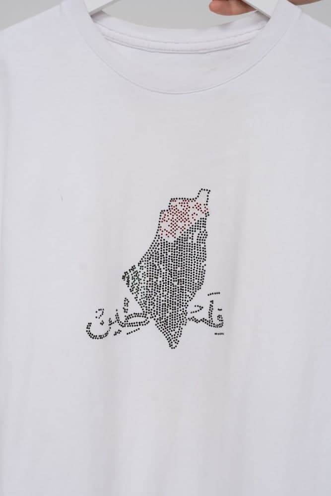 Rhinestone Pl41stine T-shirt with Front Small and Back Big Map in white, view 4