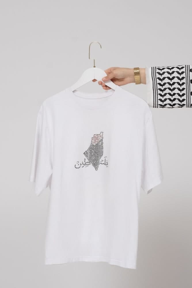 Rhinestone Pl41stine T-shirt with Front Small and Back Big Map in white, view 3