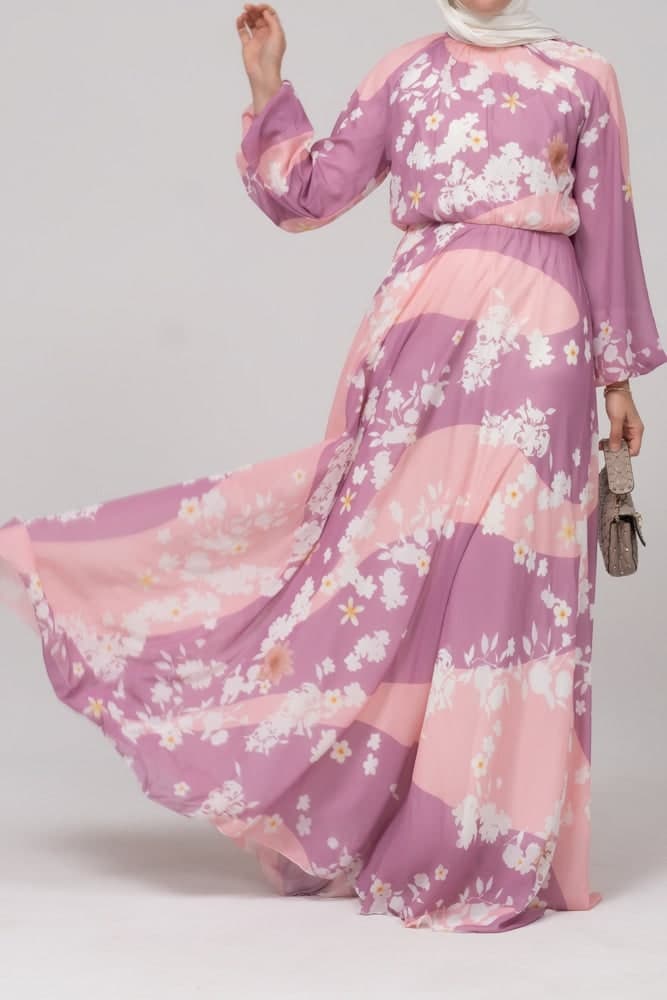 Serebro Chiffon Lined Dress with Bow at the Back Long Sleeve in purple, view 3