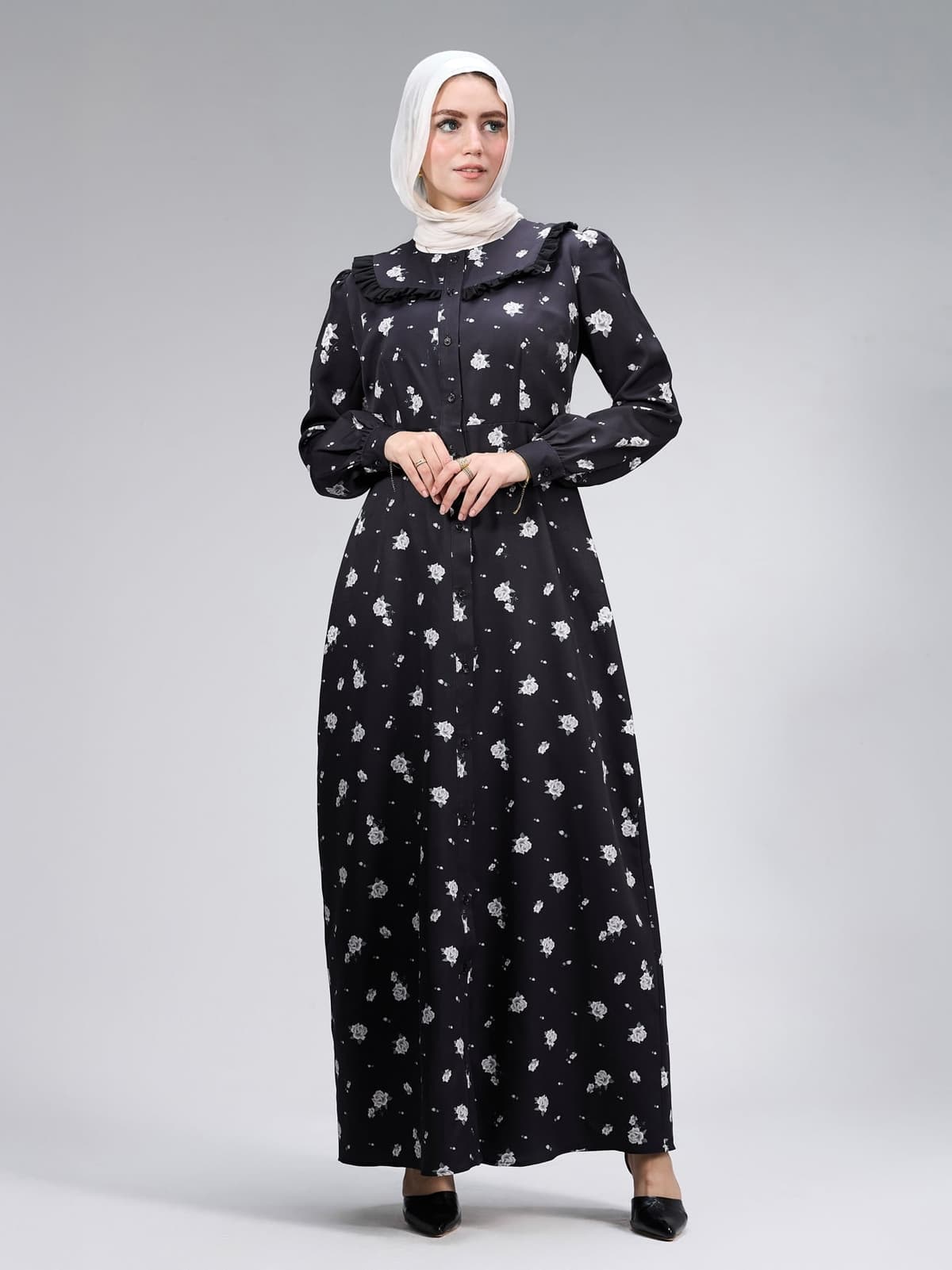 Ebtihal Blossom Modest Crepe Maxi Dress in Black Floral