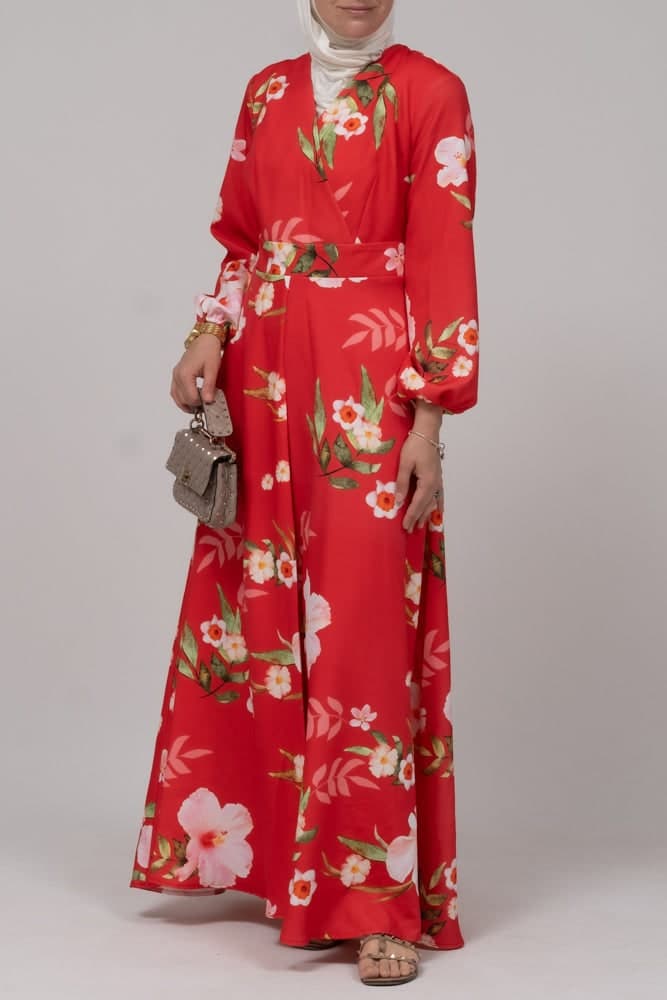 Sandalwood Dress in Bold Floral Print with V-neck Elasticated Sleeves Zipper Fastening in red, view 4