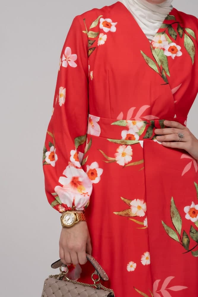 Sandalwood Dress in Bold Floral Print with V-neck Elasticated Sleeves Zipper Fastening in red, view 3