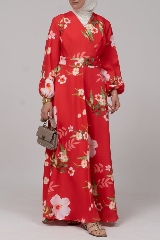 Sandalwood Dress in Bold Floral Print with V-neck Elasticated Sleeves Zipper Fastening in red, view 5