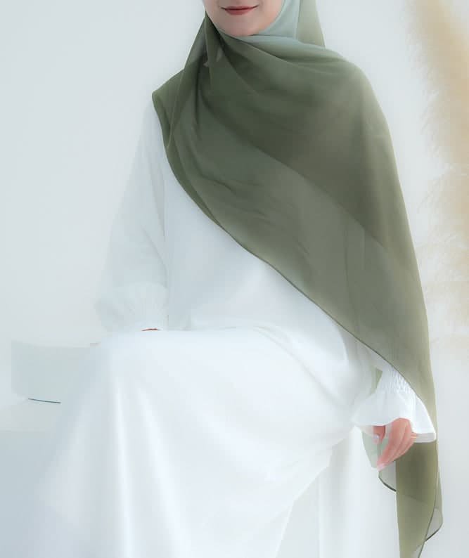 Green Gray Ombre Scarf Rectangular Hijab in Chiffon Premium Quality in dark green 7, view 3
