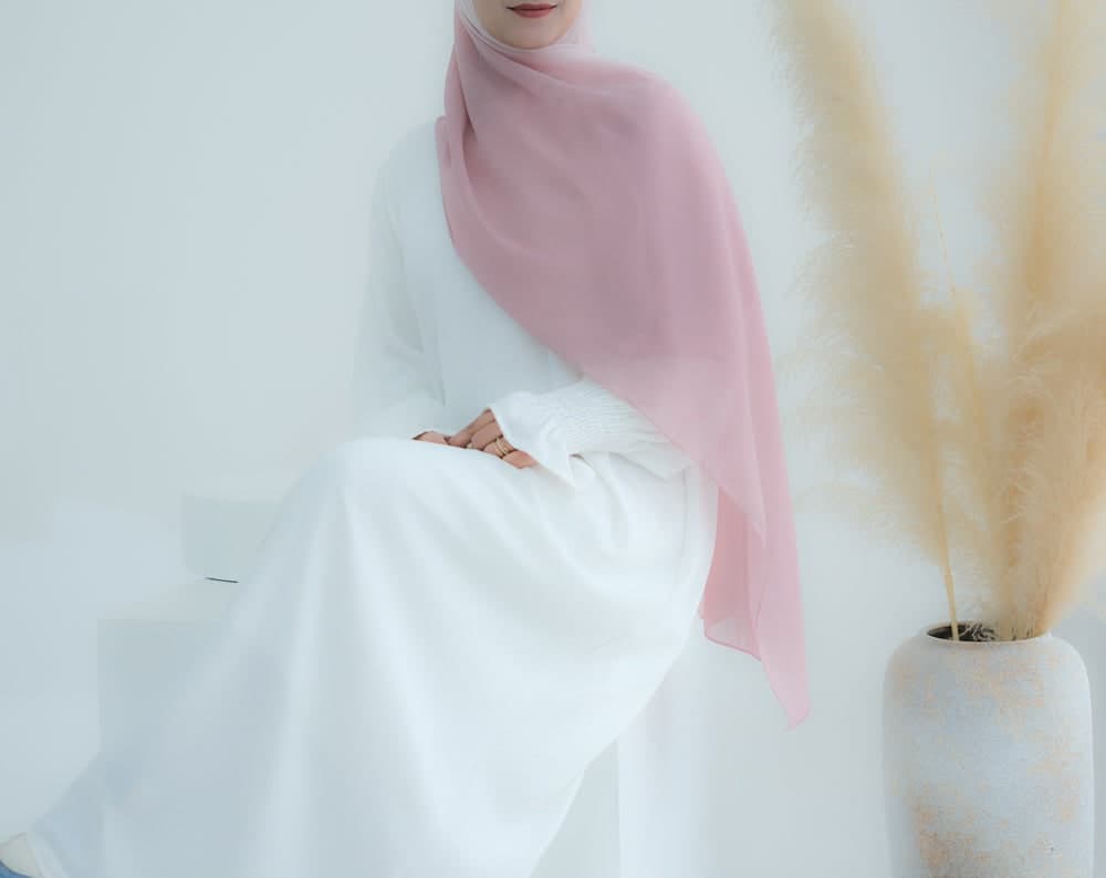 Zefirka Ombre Scarf Rectangular Hijab in Chiffon Premium Quality in pink 6, view 7