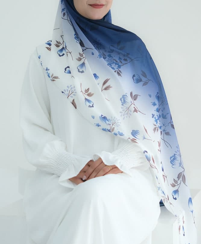 Blue Ombre Floral Scarf Rectangular Hijab in Chiffon Premium Quality in navy 2, view 5