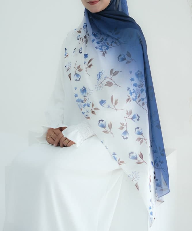 Blue Ombre Floral Scarf Rectangular Hijab in Chiffon Premium Quality in navy 2, view 3