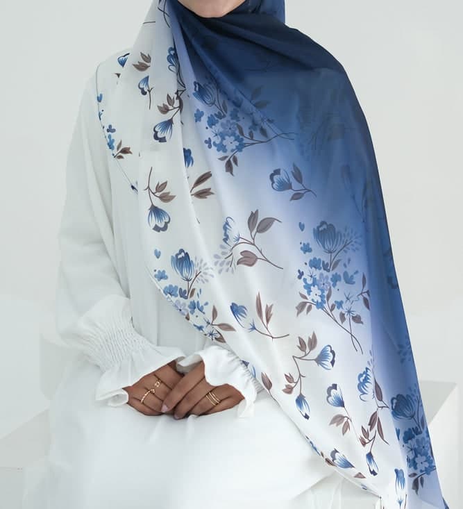 Blue Ombre Floral Scarf Rectangular Hijab in Chiffon Premium Quality in navy 2, view 4