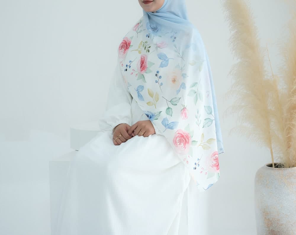 Princess Ombre Floral Scarf Rectangular Hijab in Chiffon Premium Quality in blue 9, view 5