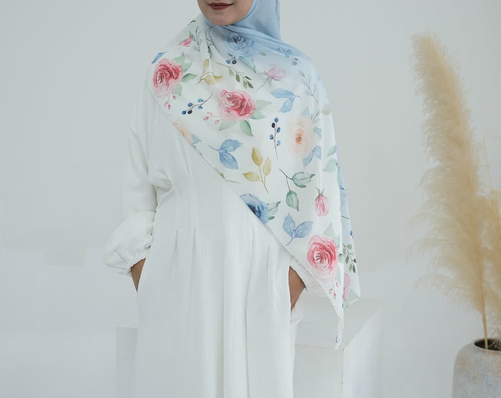 Princess Ombre Floral Scarf Rectangular Hijab in Chiffon Premium Quality in blue 9, view 3