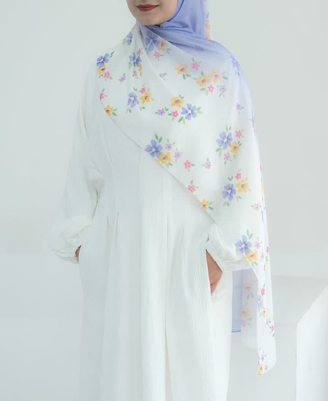 Yellow Blue Ombre Floral Scarf Rectangular Hijab in Chiffon Premium Quality in blue 8, view 3
