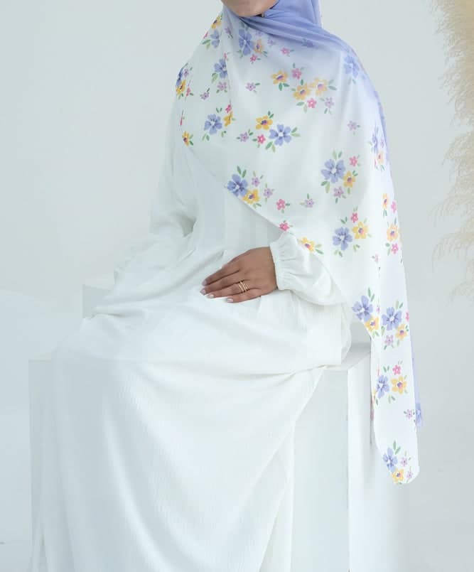 Yellow Blue Ombre Floral Scarf Rectangular Hijab in Chiffon Premium Quality in blue 8, view 4