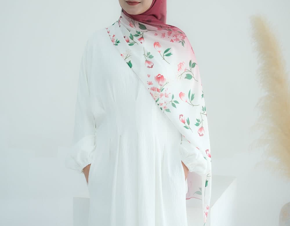 Bordeaux Ombre Floral Scarf Rectangular Hijab in Chiffon Premium Quality in red 7, view 6