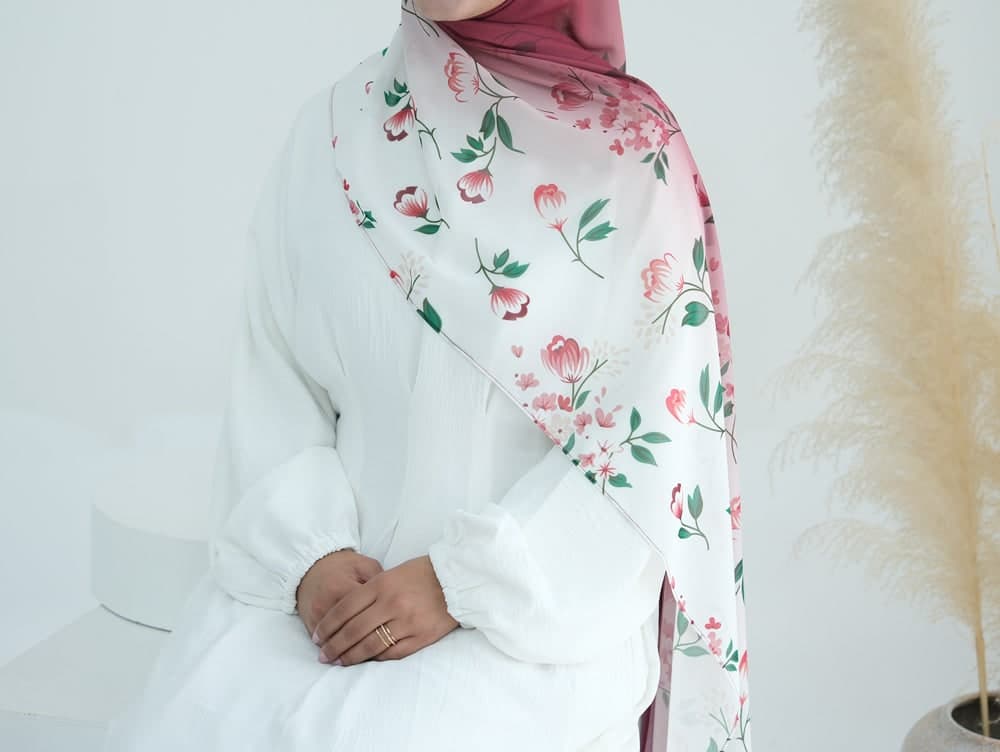 Bordeaux Ombre Floral Scarf Rectangular Hijab in Chiffon Premium Quality in red 7, view 4