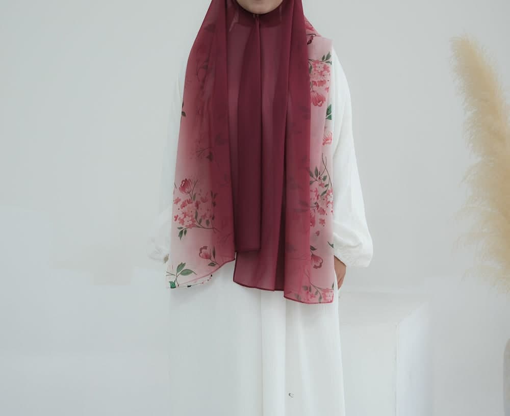 Bordeaux Ombre Floral Scarf Rectangular Hijab in Chiffon Premium Quality in red 7, view 3