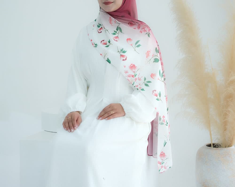 Bordeaux Ombre Floral Scarf Rectangular Hijab in Chiffon Premium Quality in red 7, view 5
