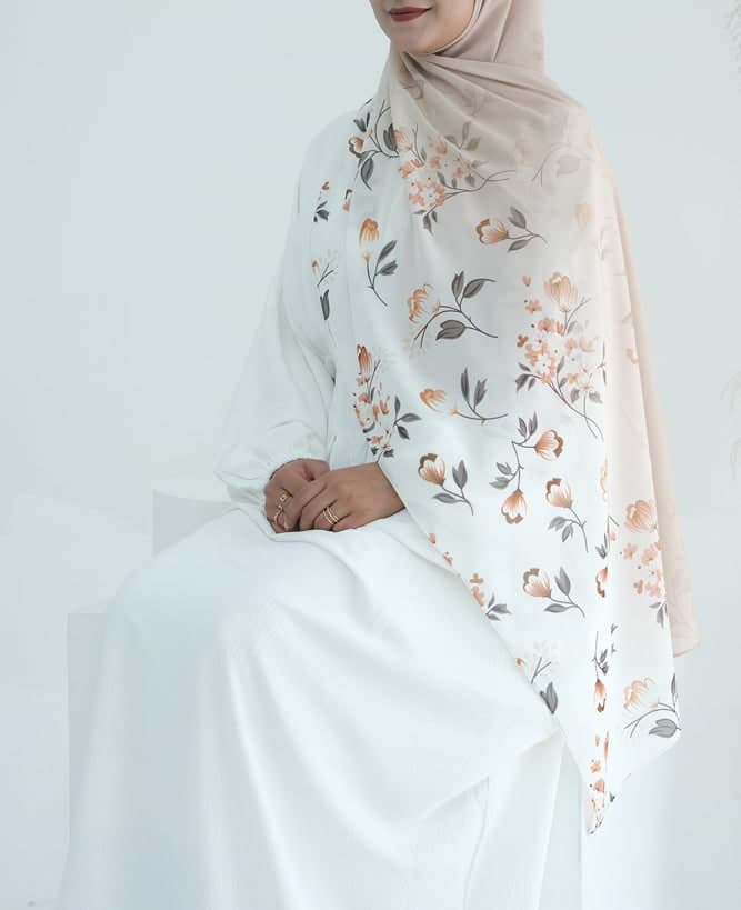 Peach Ombre Floral Scarf Rectangular Hijab in Chiffon Premium Quality in brown 6, view 5