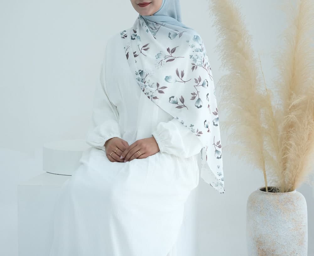 Grey Blue Ombre Floral Scarf Rectangular Hijab in Chiffon Premium Quality in skyblue 4, view 5