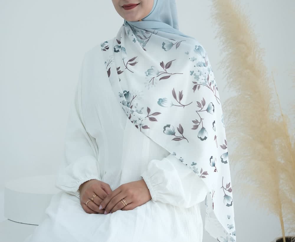 Grey Blue Ombre Floral Scarf Rectangular Hijab in Chiffon Premium Quality in skyblue 4, view 4