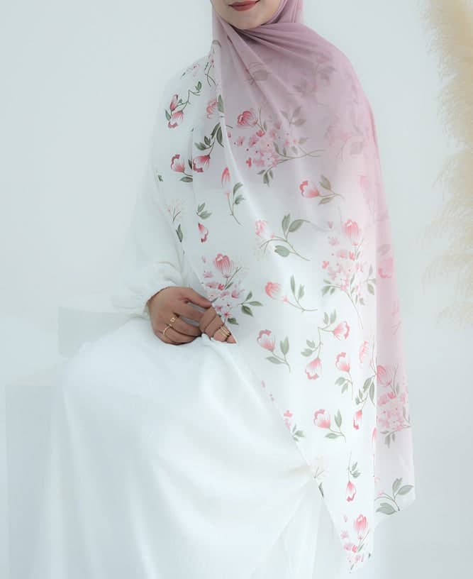 Pink Ombre Floral Scarf Rectangular Hijab in Chiffon Premium Quality in pink 3, view 3