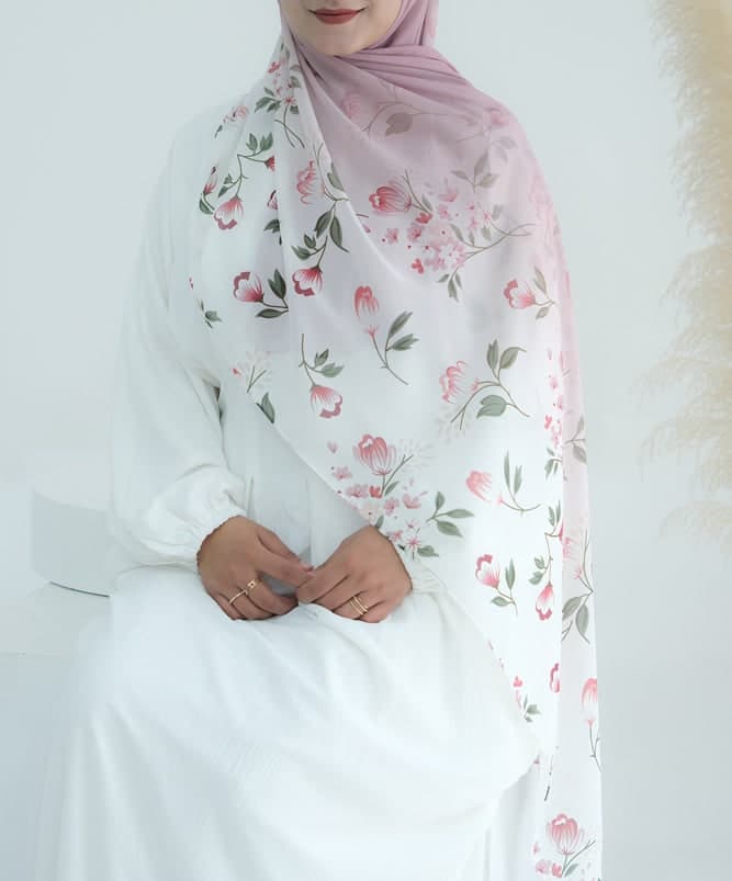 Pink Ombre Floral Scarf Rectangular Hijab in Chiffon Premium Quality in pink 3, view 4