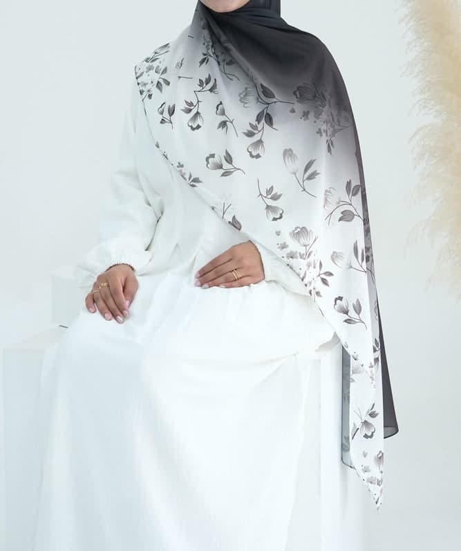 Ombre Floral Scarf Rectangular Hijab in Chiffon Premium Quality in black 1, view 3