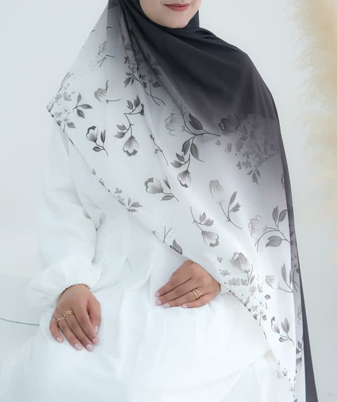 Ombre Floral Scarf Rectangular Hijab in Chiffon Premium Quality in black 1, view 5
