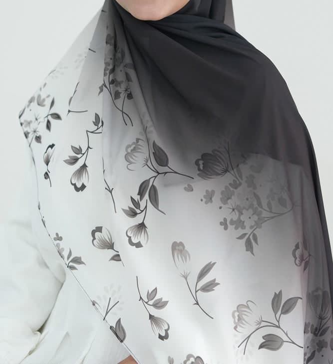 Ombre Floral Scarf Rectangular Hijab in Chiffon Premium Quality in black 1, view 4