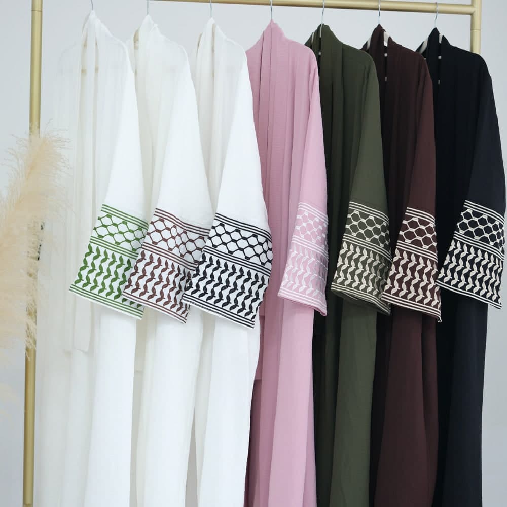 Dir El Balah Keffiyeh Inspired Abaya with Contrast Embroidered Sleeves and Detachable Belt in white, view 5