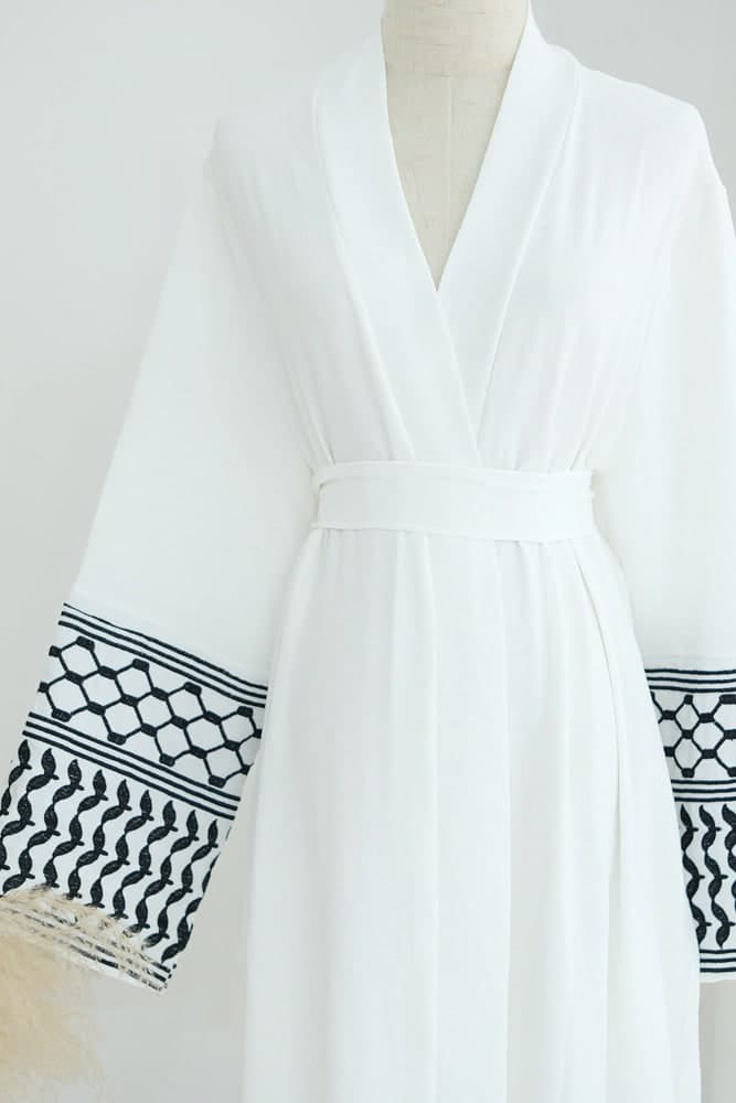 Dir El Balah Keffiyeh Inspired Abaya with Contrast Embroidered Sleeves and Detachable Belt in white, view 3