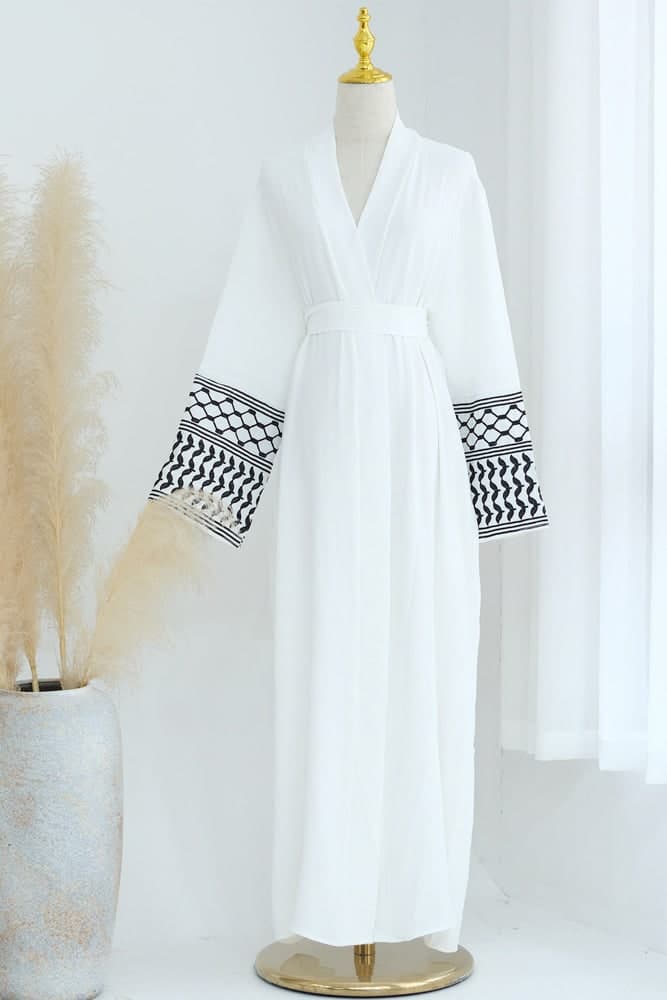 Dir El Balah Keffiyeh Inspired Abaya with contrast embroidered sleeves and detachable belt