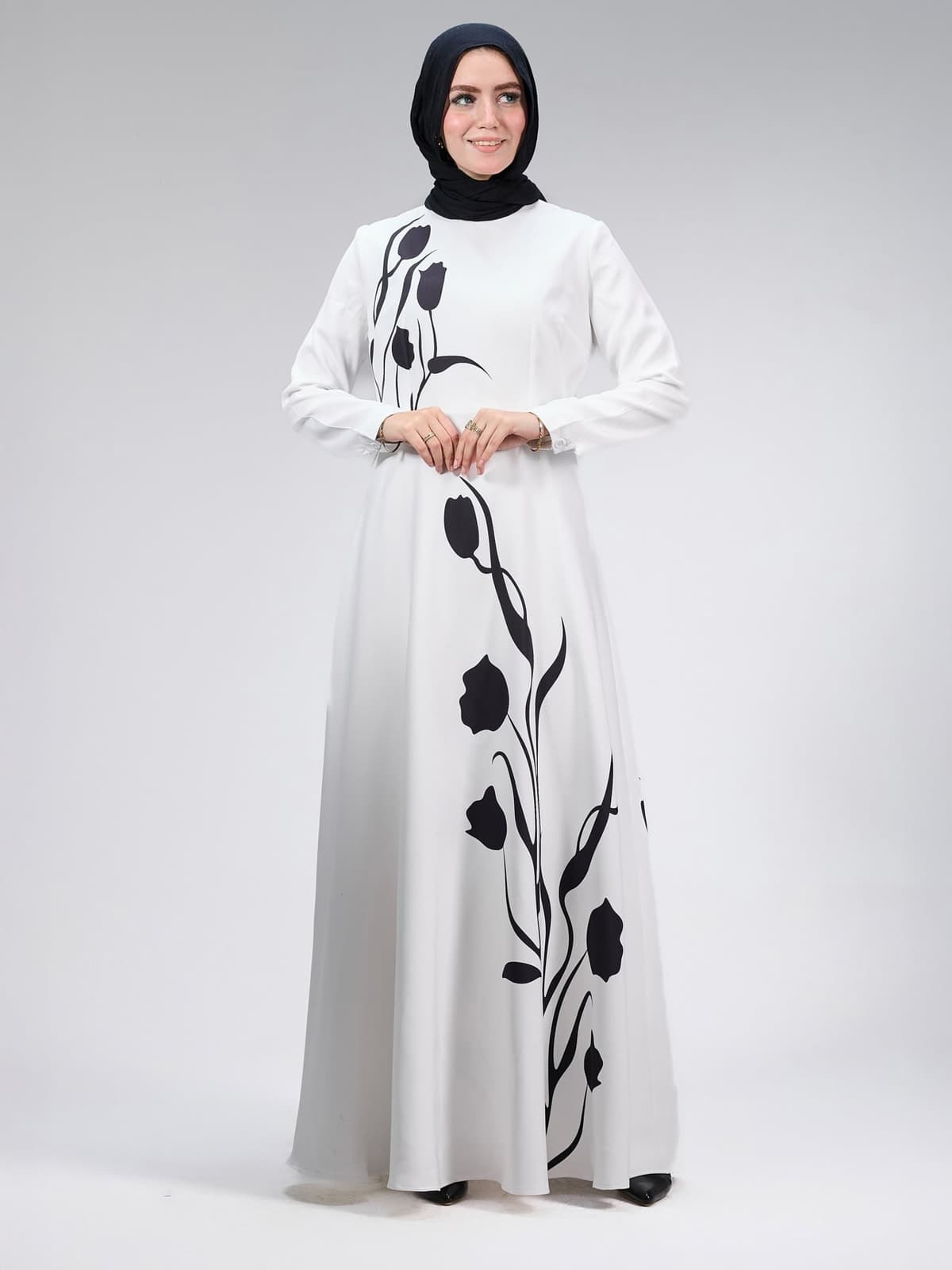 Front view of Graceful Tulip Crepe Maxi Dress with black tulip floral design