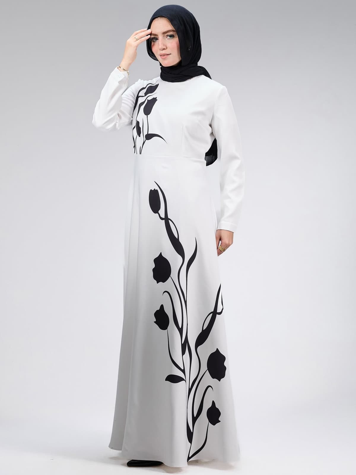 Ghalia Graceful Tulip Crepe Maxi Dress with Black Floral Design